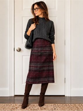 J.G. Hook Burgundy Plaid Wool Blend Midi Skirt Size 12